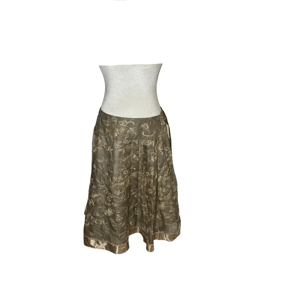 Coldwater Creek NWT Silk Floral Embroidered Skirt Gold Taupe Boho Fairycore